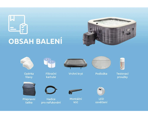 Obsah vířivky Intex: vířivka, opěrky hlavy, filtrační kartuše, kryt, podložka, testovací proužky, přepravní taška, hadice, montážní klíč a LED osvětlení