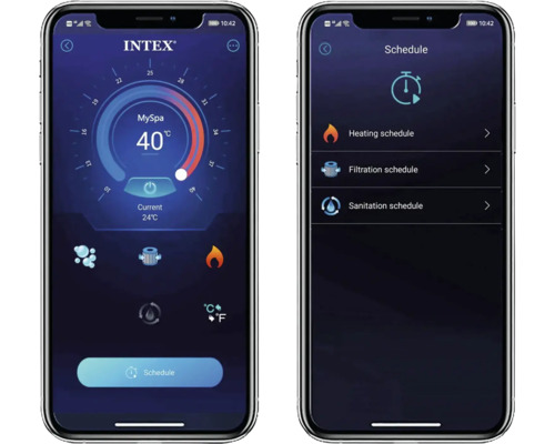 Smartphone s aplikací Intex pro ovládání funkcí vířivky, jako je topení, filtrace a dezinfekce.