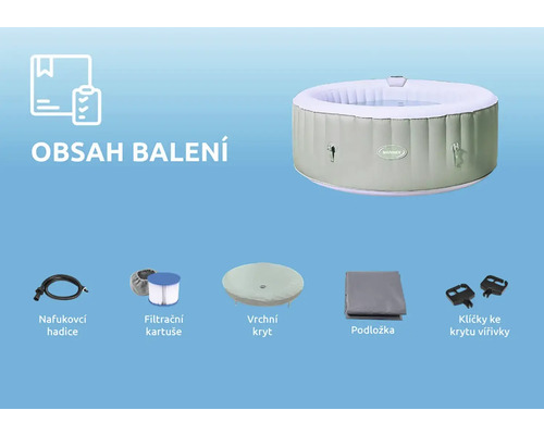 Obsah balení nafukovací vířivky s hadicí, filtrační vložkou, horním krytem, podložkou a klíčem k vířivce