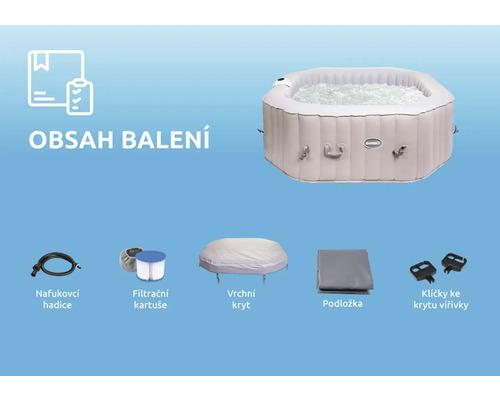 Obsah balení nafukovací vířivky s hadicí, filtrem, horním krytem, podložkou a klíči k otevírání krytu vířivky