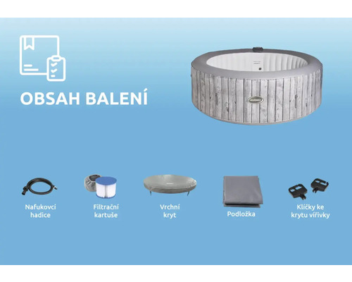 Obsah balení nafukovací vířivky s hadicí, filtrační vložkou, horním krytem, podložkou a klíči k krytu vířivky.