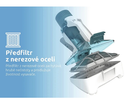 Detailní pohled na předfiltr vysavače z nerezové oceli