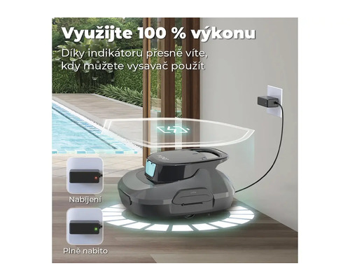 Šedý robotický čistič bazénů se nabíjí ve světlé místnosti