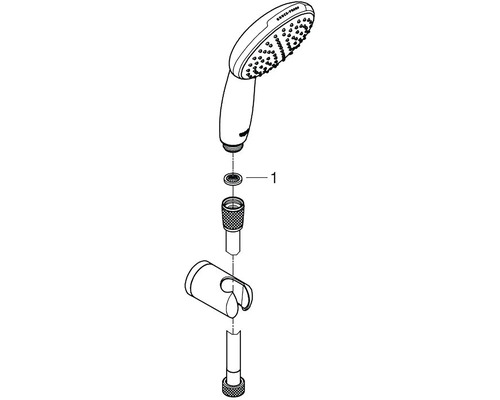 Rozkreslený nákres ruční sprchy s hadicí a nástěnným držákem