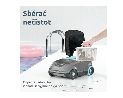 Robotický čistič bazénu s vyjímatelnou nádobou na nečistoty u bazénu