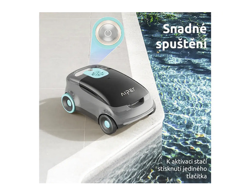 Logo společnosti Aiper. Robot na čištění bazénů na podlaze vedle bazénu.