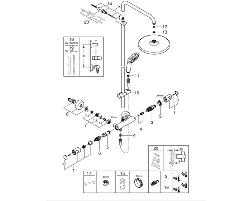 Rozkreslený nákres sprchové armatury zobrazující uspořádání jednotlivých součástí.