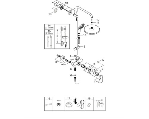 Rozkreslený nákres sprchové baterie s příslušnými montážními prvky.