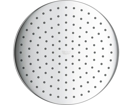 Kulatá sprchová hlavice s několika vodními tryskami a logem Grohe