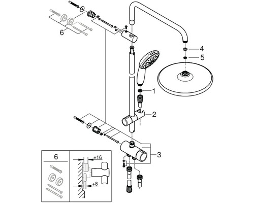 Rozkreslený nákres sprchové soupravy s ruční sprchou, hlavovou sprchou a termostatem