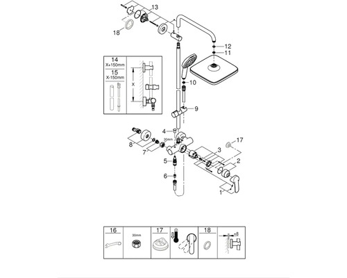 Rozkreslený nákres sprchové baterie s různými komponentami