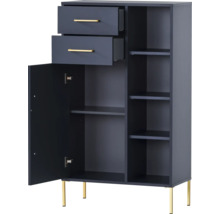 Skříň se dvěma zásuvkami, jedněmi dvířky a policemi