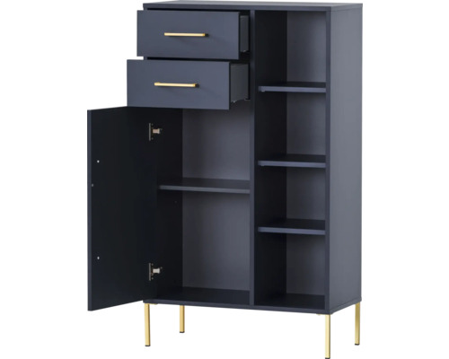 Skříň se dvěma zásuvkami, jedněmi dvířky a policemi