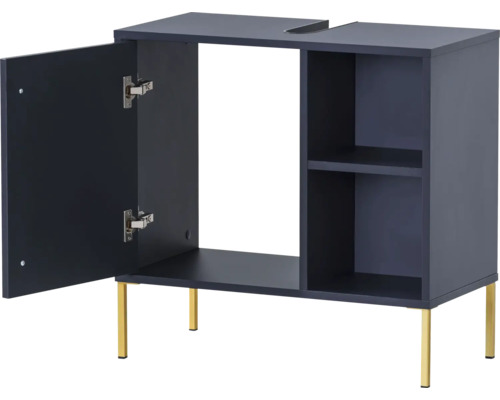 Skříňka pod umyvadlo s otevřenými dvířky a policemi