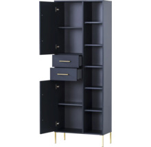 Vysoká skříň s otevřenými dveřmi, zásuvkami a policemi