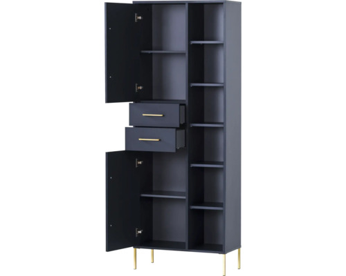 Vysoká skříň s otevřenými dveřmi, zásuvkami a policemi