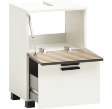 Bílá skříňka pod umyvadlo s výklopnou funkcí a zásuvkou