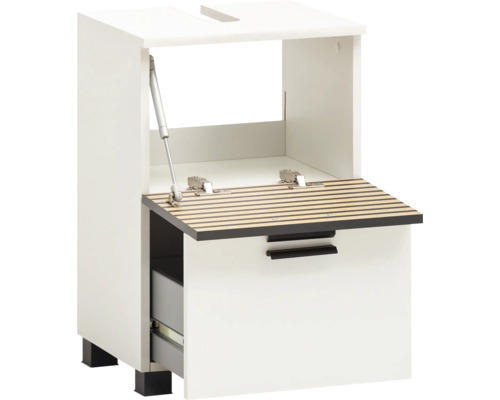 Bílá skříňka pod umyvadlo s výklopnou funkcí a zásuvkou
