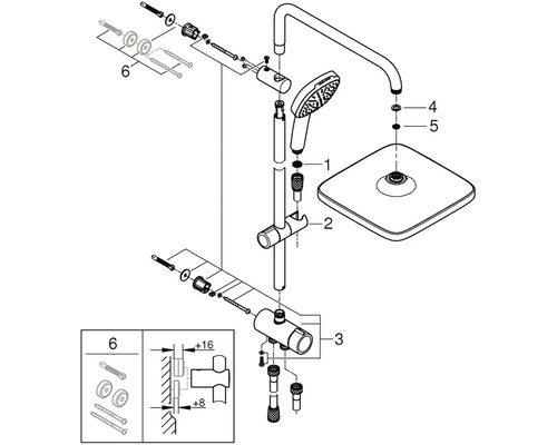 Rozkreslený nákres sprchové soupravy s ruční sprchou, hlavovou sprchou a upevňovacím materiálem