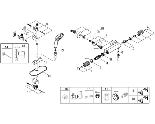 Rozkreslený nákres sprchové baterie s ruční sprchou a příslušenstvím