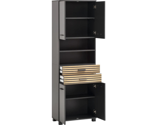 Vysoká skříň s otevřenými policemi a zásuvkami