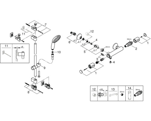 Rozkreslený nákres sprchové armatury s příslušnými jednotlivými díly.