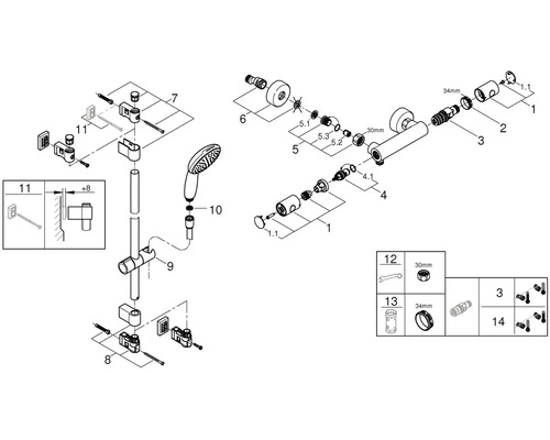 Rozkreslený nákres sprchové armatury s tyčí, ruční sprchou a montážním návodem