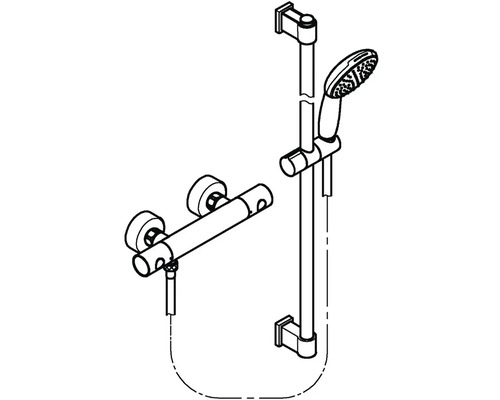 Obrázek sprchové baterie s tyčí a ruční sprchou.