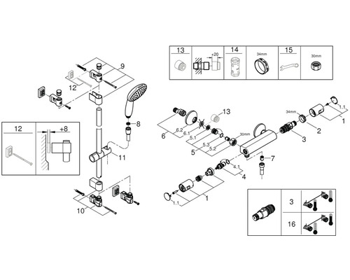 Rozkreslený nákres sprchové armatury s jednotlivými díly a montážním návodem