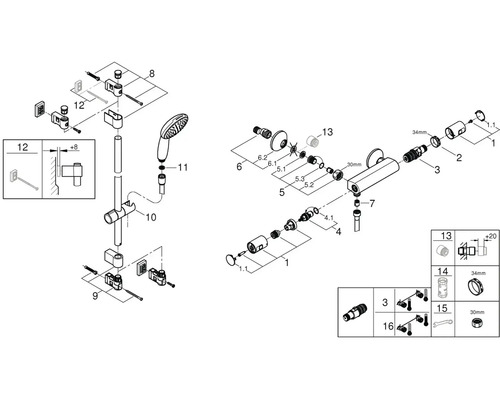 Rozkreslený nákres sprchové armatury s ruční sprchou a příslušenstvím