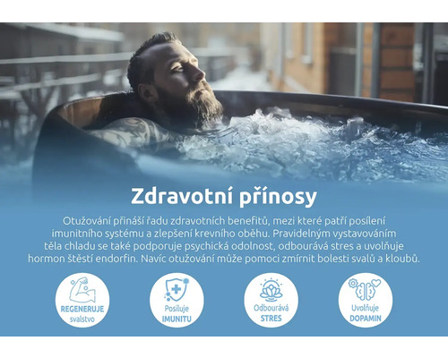 Muž relaxuje v ledové koupeli, ilustrace zdravotních výhod ledových koupelí