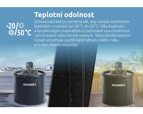 Produktová fotografie s teplotními údaji a osobou v koupací kádi od společnosti Marimex.