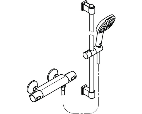 Nákres sprchového setu s termostatem, tyčí a ruční sprchou