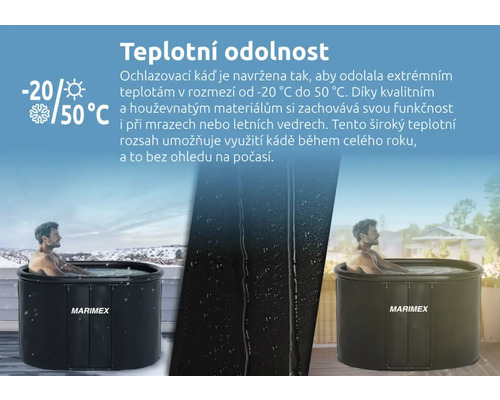 Ochlazovací káď s teplotní odolností od minus 20 stupňů do 50 stupňů Celsia a logem Marimex.