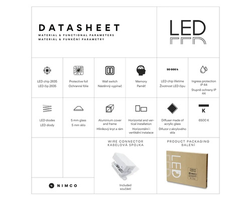 Produktový list s materiálovými vlastnostmi, ochranná fólie, nástěnný vypínač, životnost LED, stupeň krytí IP 44, LED diody, hliníkový kryt, horizontální a vertikální instalace, drátová spojka a balení produktu