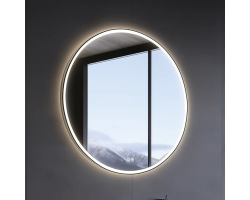Kulaté zrcadlo s LED osvětlením pro montáž na stěnu.
