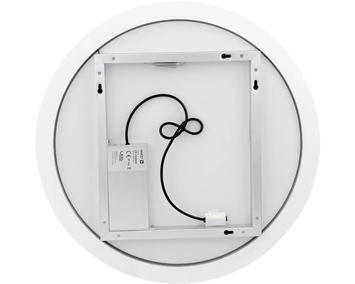 Pohled zezadu na kulaté LED zrcadlo s montážním materiálem a kabelem