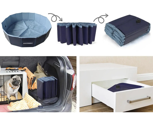 Marimex psí bazén v různých provedeních: sestavený, složený, v kufru auta a v zásuvce.