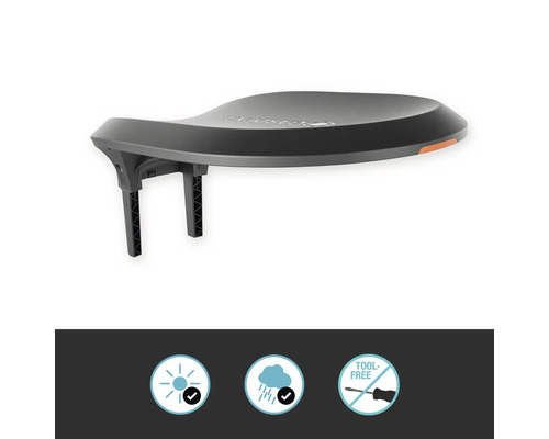 Stříška Gardena pro robotickou sekačku se symbolem slunce a deště a symbolem pro montáž bez nářadí