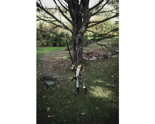 Žena používá nůžky na větve s teleskopickou tyčí pod stromem na zahradě.