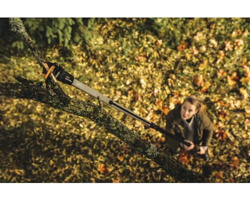 Žena používá nůžky na větve s teleskopickou násadou k prořezávání stromu.