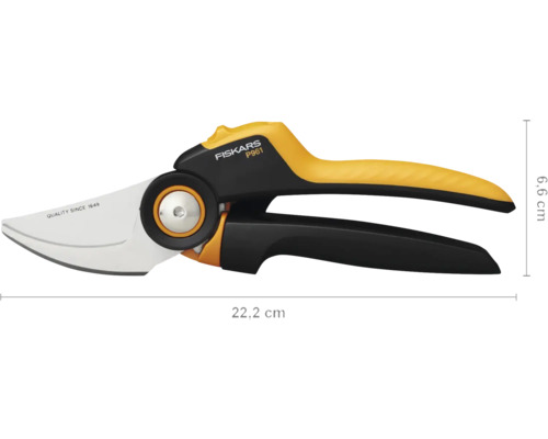 Nůžky zahradní Fiskars P961 o délce 22,2 cm a šířce 6,6 cm.