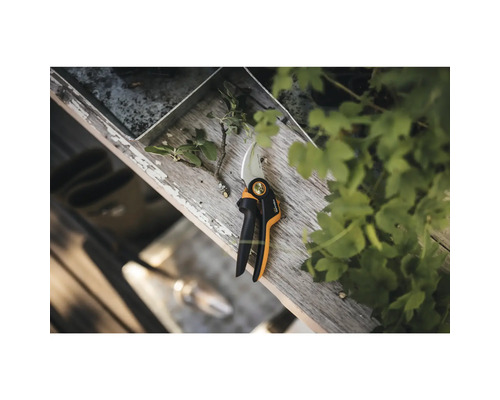 Zahradní nůžky na dřevěném povrchu s uříznutou větví