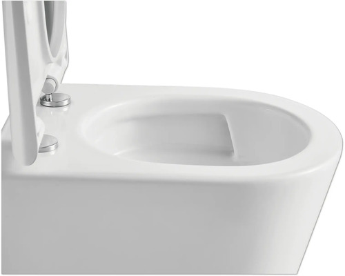 Detailní pohled na závěsný záchod s otevřeným záchodovým prkénkem.