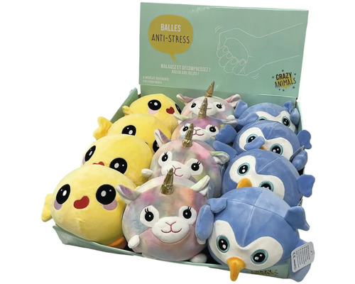Různé antistresové míčky se zvířecími motivy v krabici