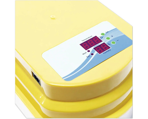 Žlutý inkubátor s digitálním zobrazením teploty