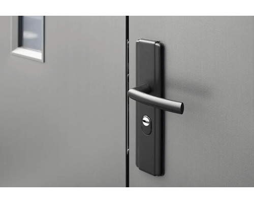 Detail dveří s černou klikou.