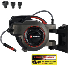 Automatický naviják na hadici Einhell se třemi kohoutkovými přípojkami a upozorněním Power X-Change. Baterie a nabíječka nejsou součástí dodávky.