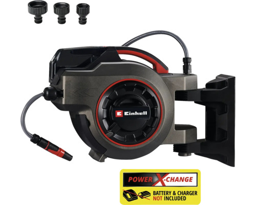 Automatický naviják na hadici Einhell se třemi kohoutkovými přípojkami a upozorněním Power X-Change. Baterie a nabíječka nejsou součástí dodávky.