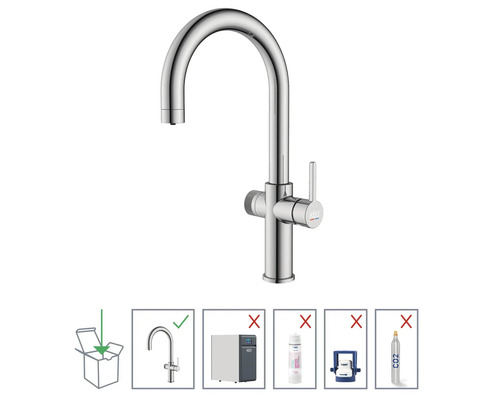 Kuchyňská baterie KEQ z kovu, vhodná k instalaci. Není zahrnuto: výrobník perlivé vody, vodní filtr, upevnění a CO2 válec.